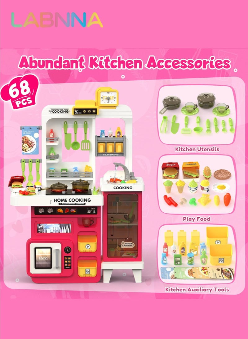 LABNNA 68 PCS Kids Kitchen Playset,Toddler Kitchen Playset for Toddlers 3+ Years, 32.2IN Play Kitchen with Spraying, Light Sound, Cooking Stove, Play Sink, Oven and Toy Kitchen Accessories (Red) - Image 4